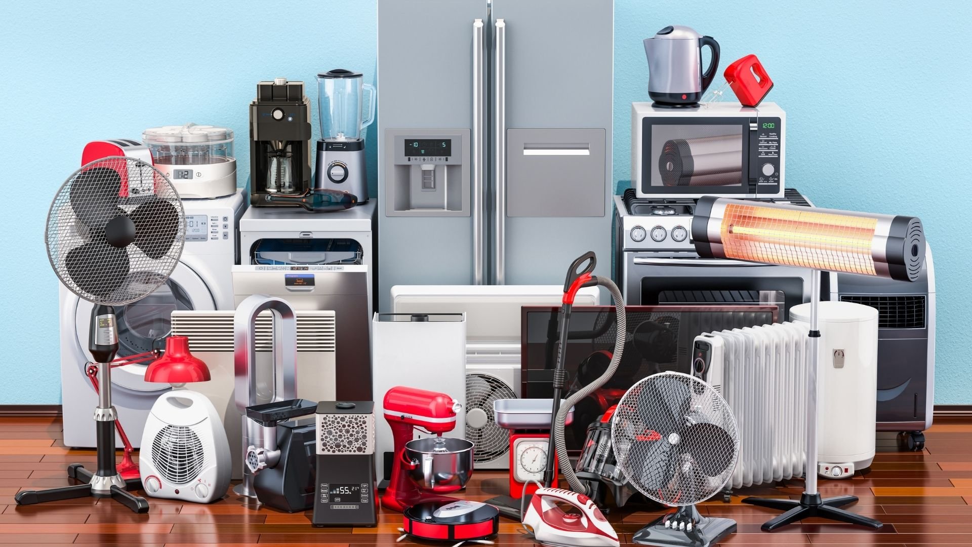 Collection of household appliances and electronics including fans, blenders, heaters, and kitchen gadgets